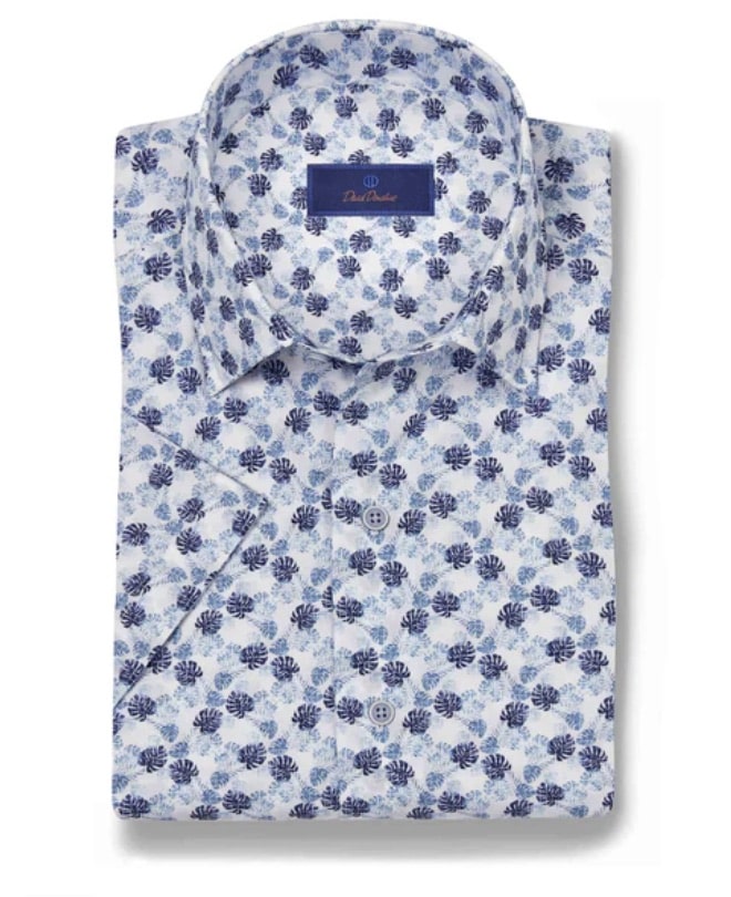 david donahue dress shirts David Donahue White & Blue Tropical Print Short Sleeve Shirt M