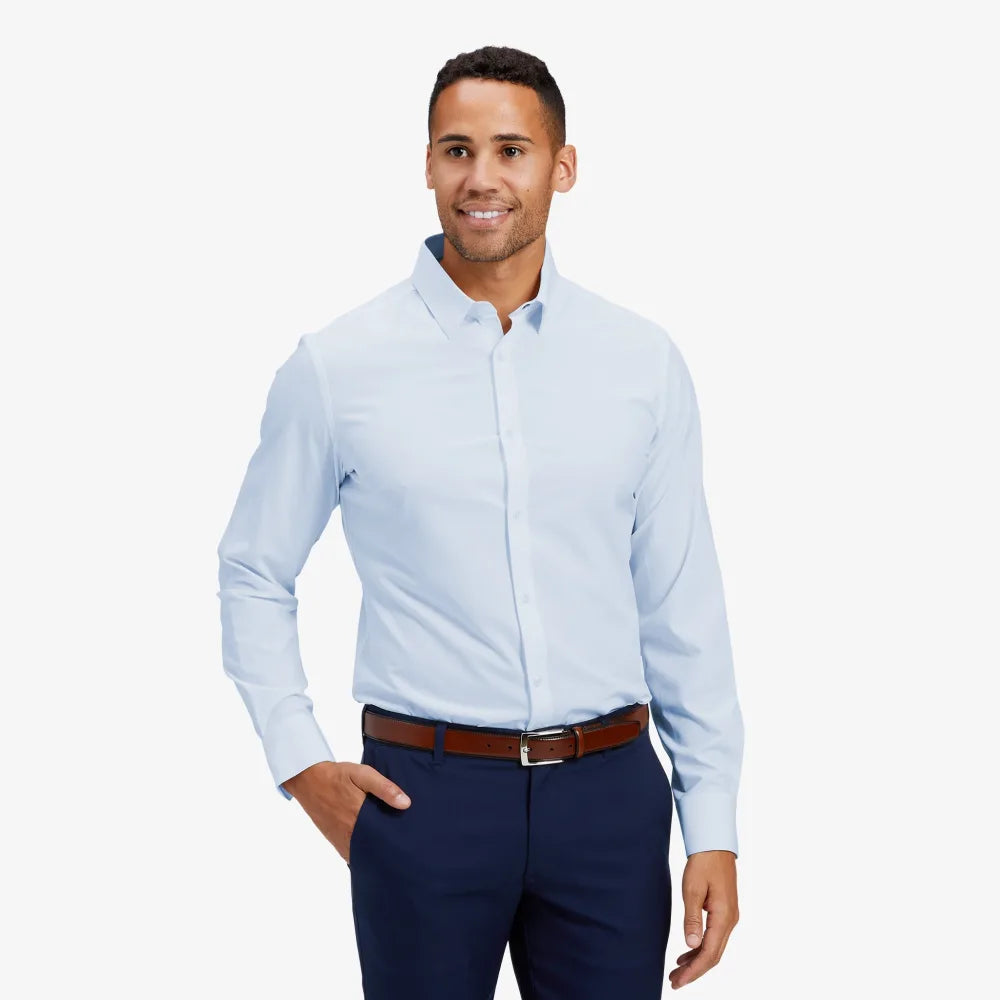 powder blue dress shirt Phenom Classic Light Striped Short Sleeve – Timeless and Stylish Fit lightweight twill features a light blue reverse stripe pattern that works as well under a suit as it does with a pair of chinos Opposuits - Cool Blue -