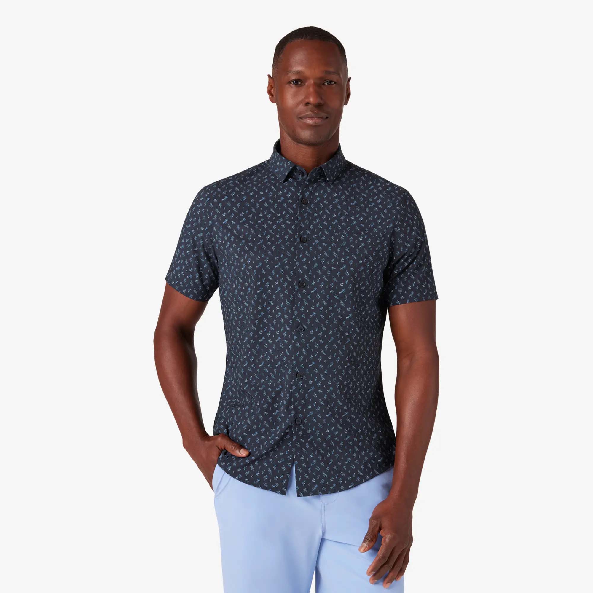 Navy Leaf Print Short Sleeve Shirt