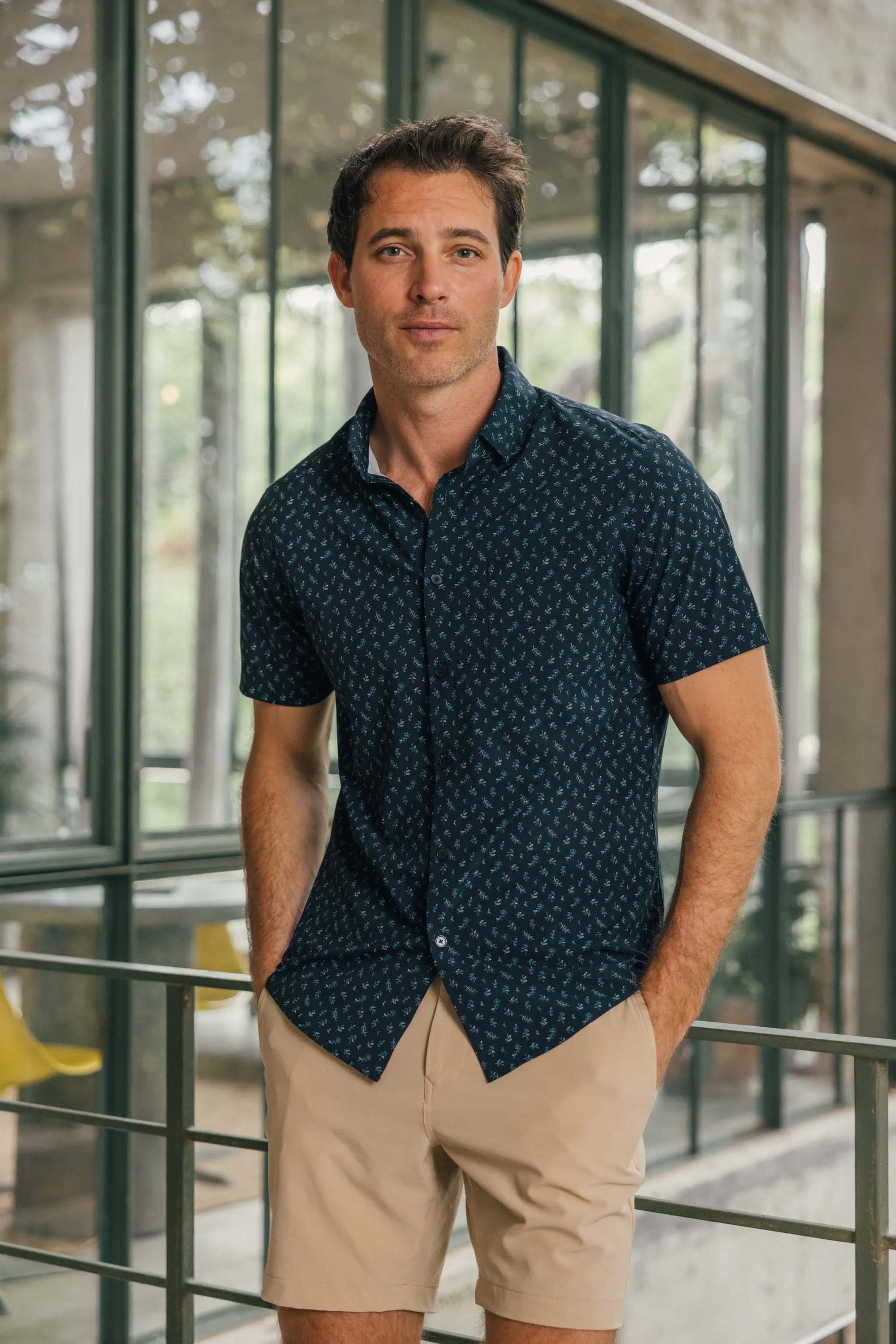 Navy Leaf Print Short Sleeve Shirt