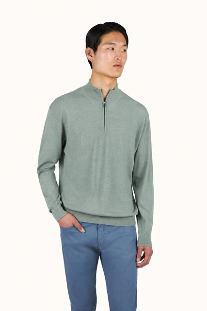140’S superfine Merino Wool Half‑Zip Sweater - Sage Green | Paul & Shark