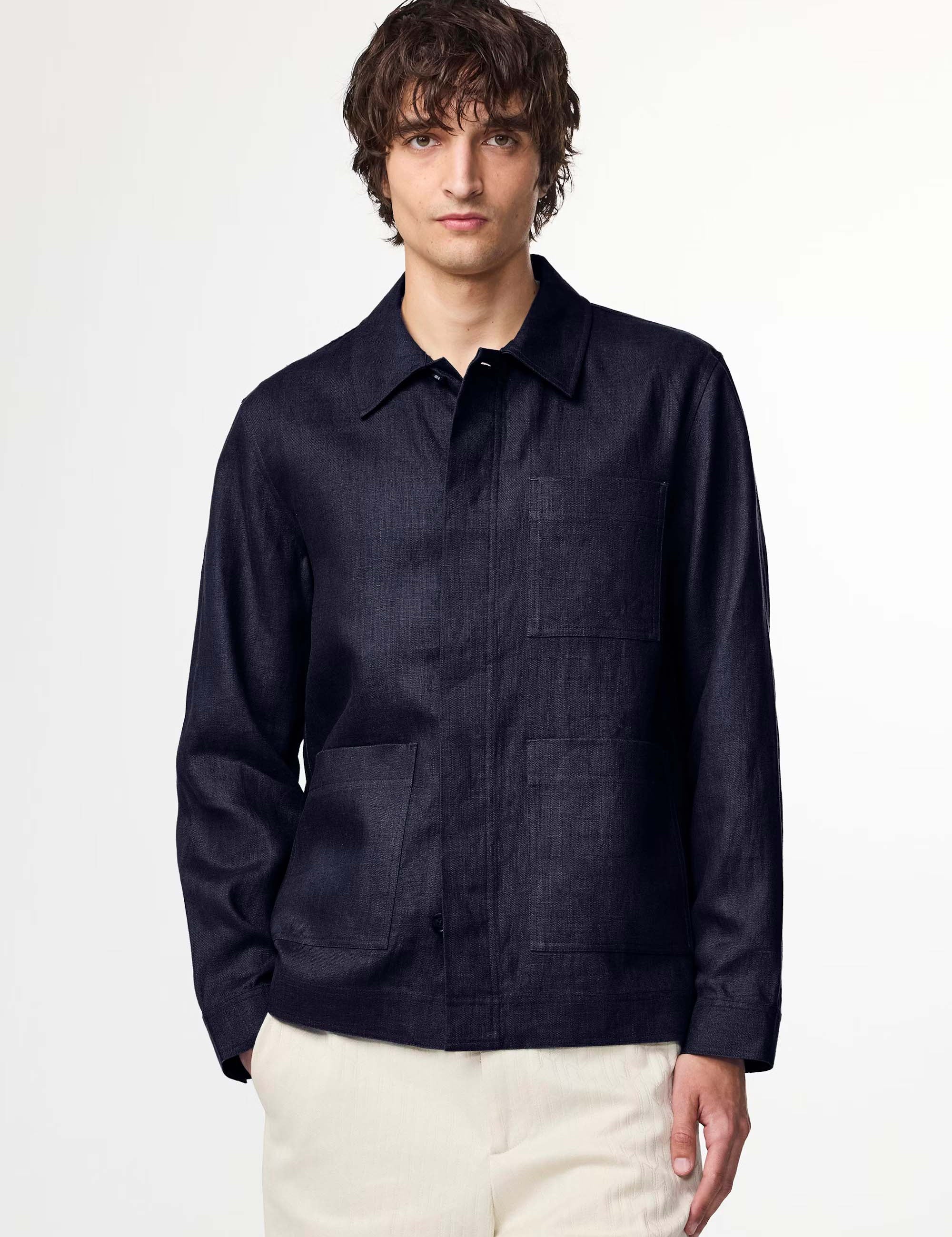 NN07 Olav Linen Workwear-Inspired Overshirt in Navy