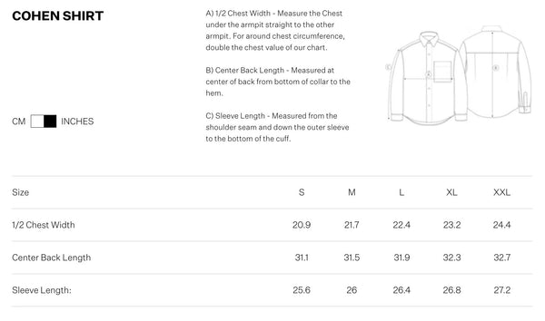 Cohen flannel shirt size chart NN07