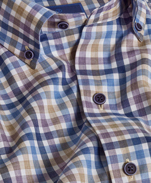 Purple Tan Linen Check Shirt David Donahue