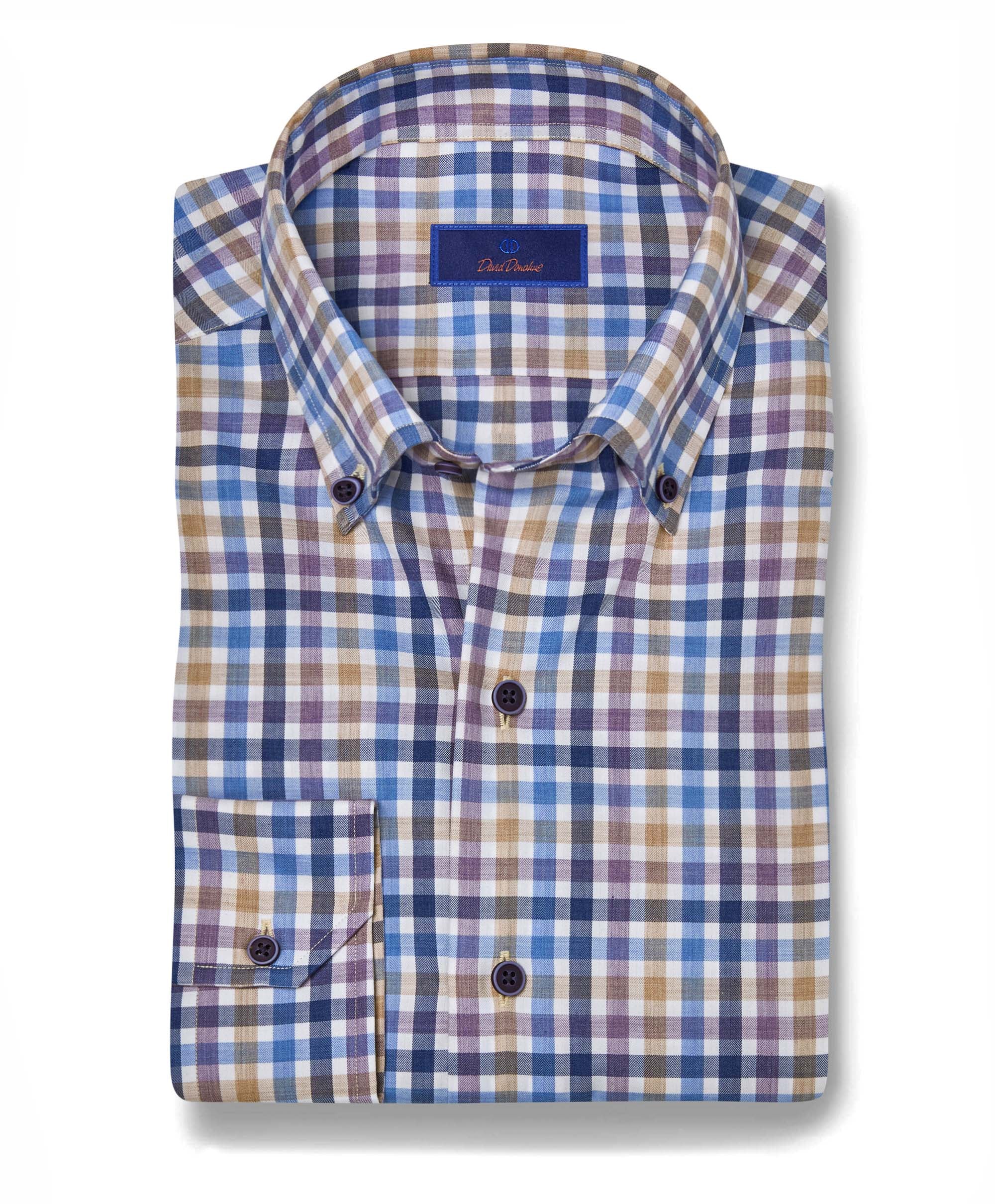 Purple Tan Linen Check Shirt David Donahue