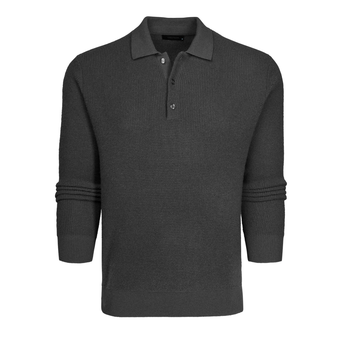 Saratoga Waffle Stitch Sweater Polo Dark Grey Heather Greyson Clothiers front