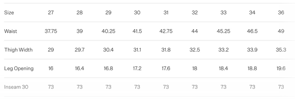 Theo pant size chart.