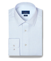Twill Check Stretch Dress Shirt White & Sky David Donahue