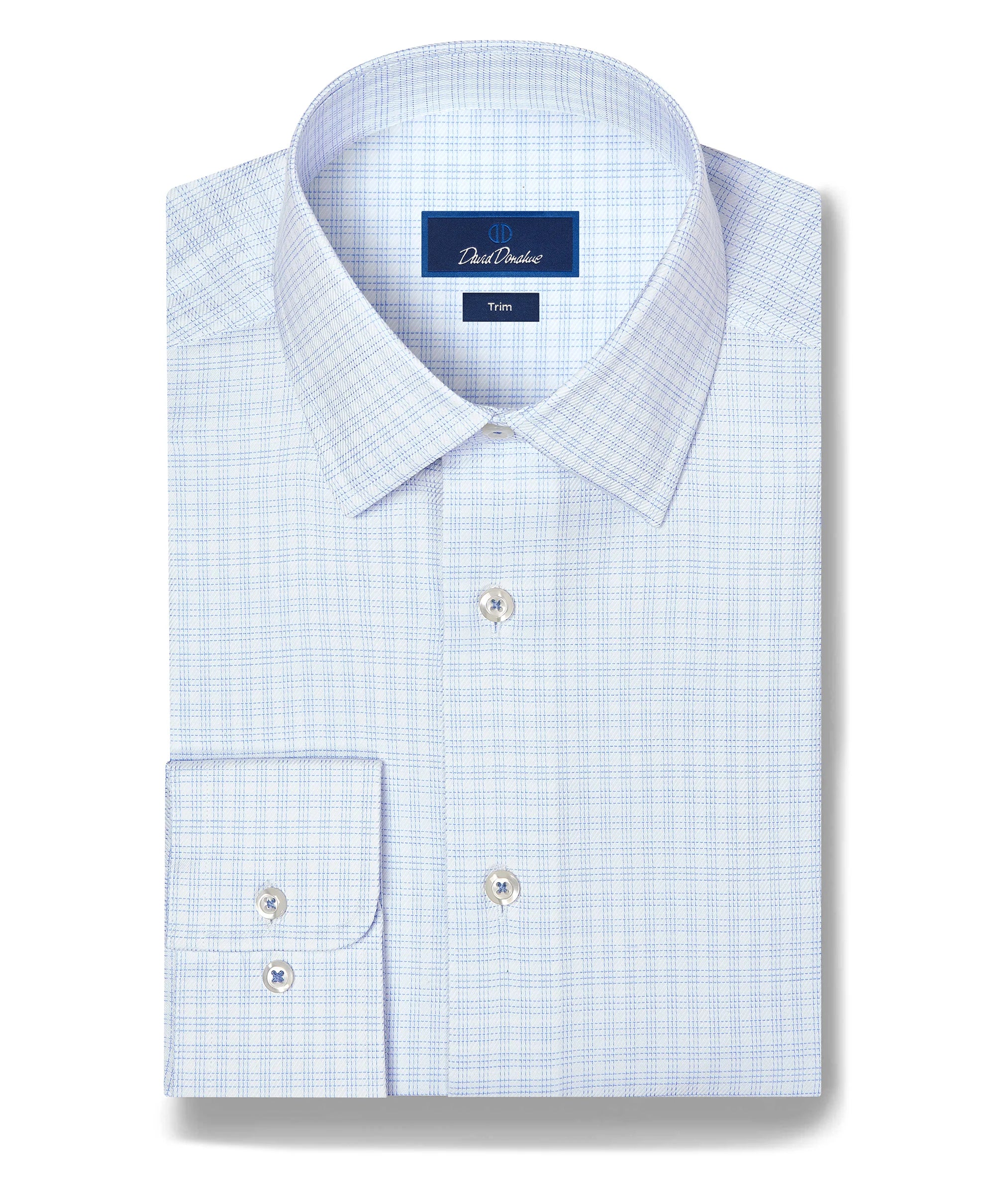 Twill Check Stretch Dress Shirt White & Sky David Donahue