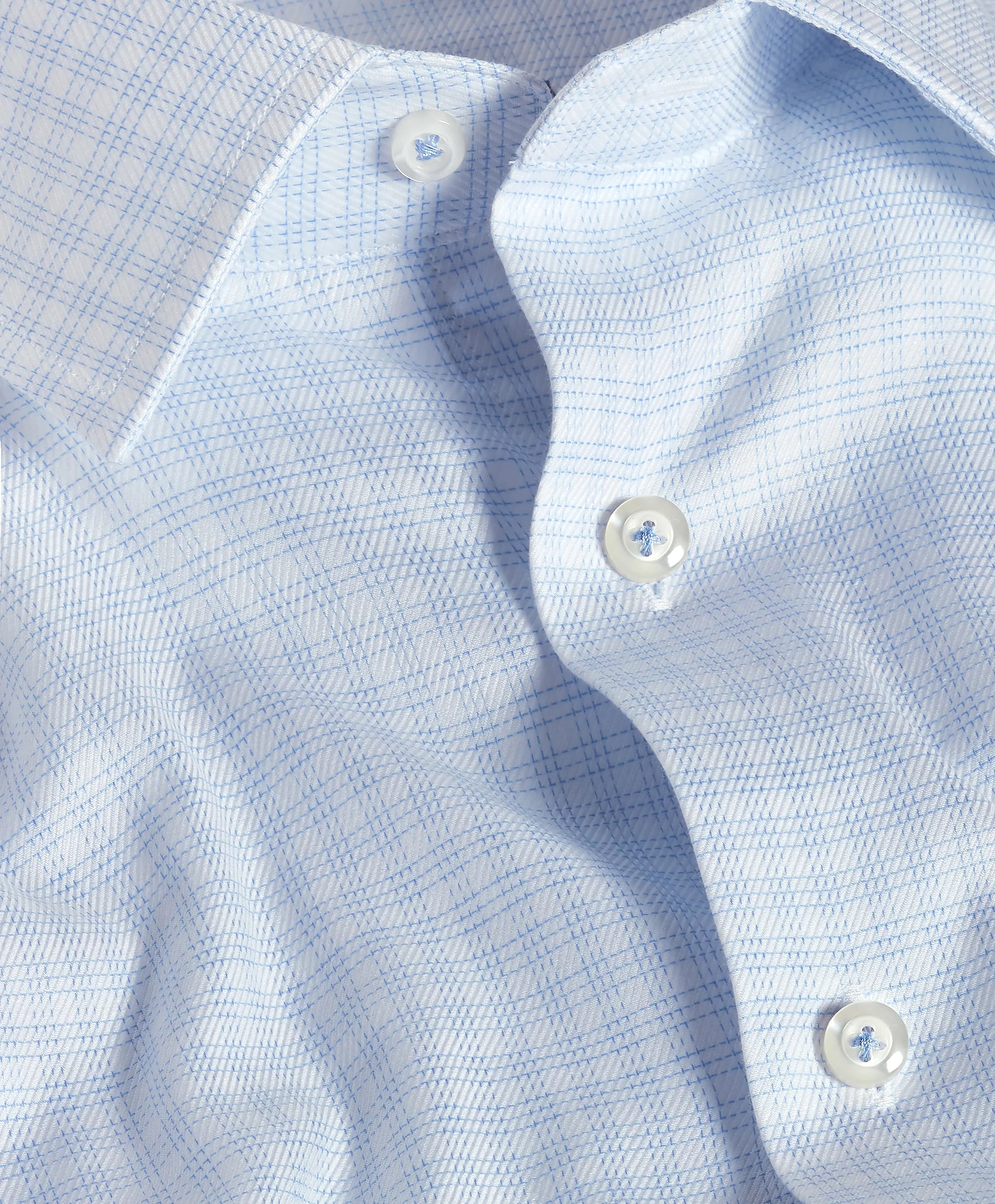 Twill Check Stretch Dress Shirt White & Sky David Donahue
