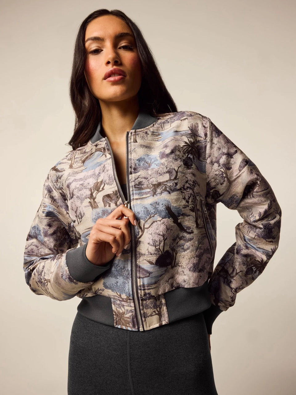 Where Wolves Roam Jacquard Bomber Jacket Wisteria Multi Greyson Clothiers front