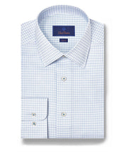 White & Blue Twill Check Stretch Dress Shirt David Donahue