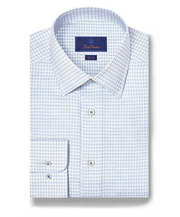 White & Blue Twill Check Stretch Dress Shirt David Donahue