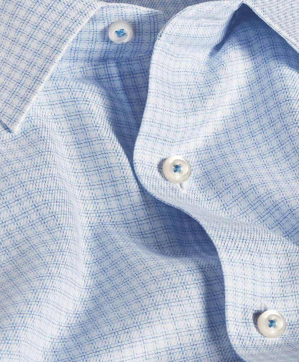 White & Blue Twill Check Stretch Dress Shirt David Donahue