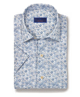 Blue Block Print Linen Short Sleeve Shirt | David Donahue