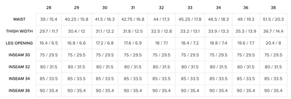 macro pant size chart