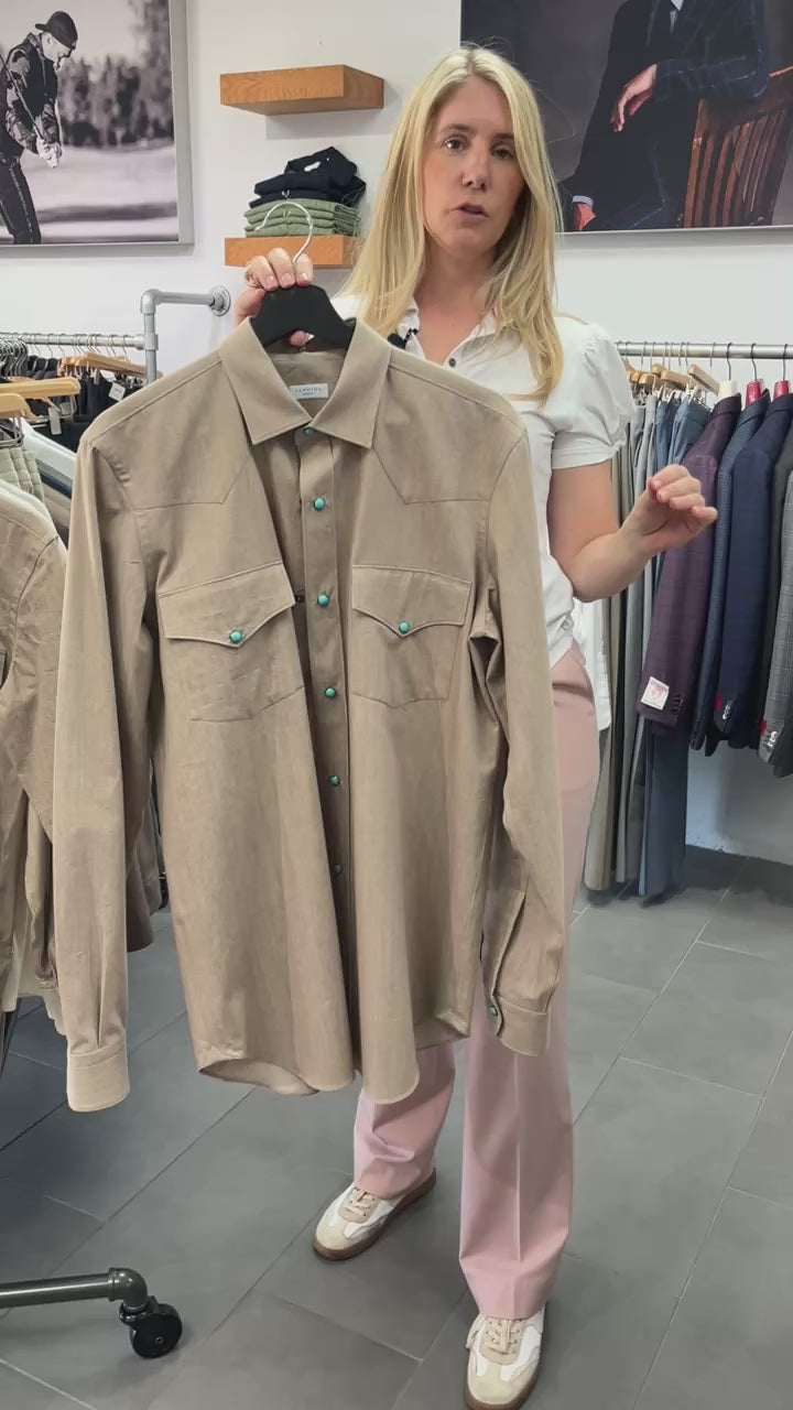 Tan Denim Shirt with Turquoise Snaps Sannino Napoli Shirtmaker