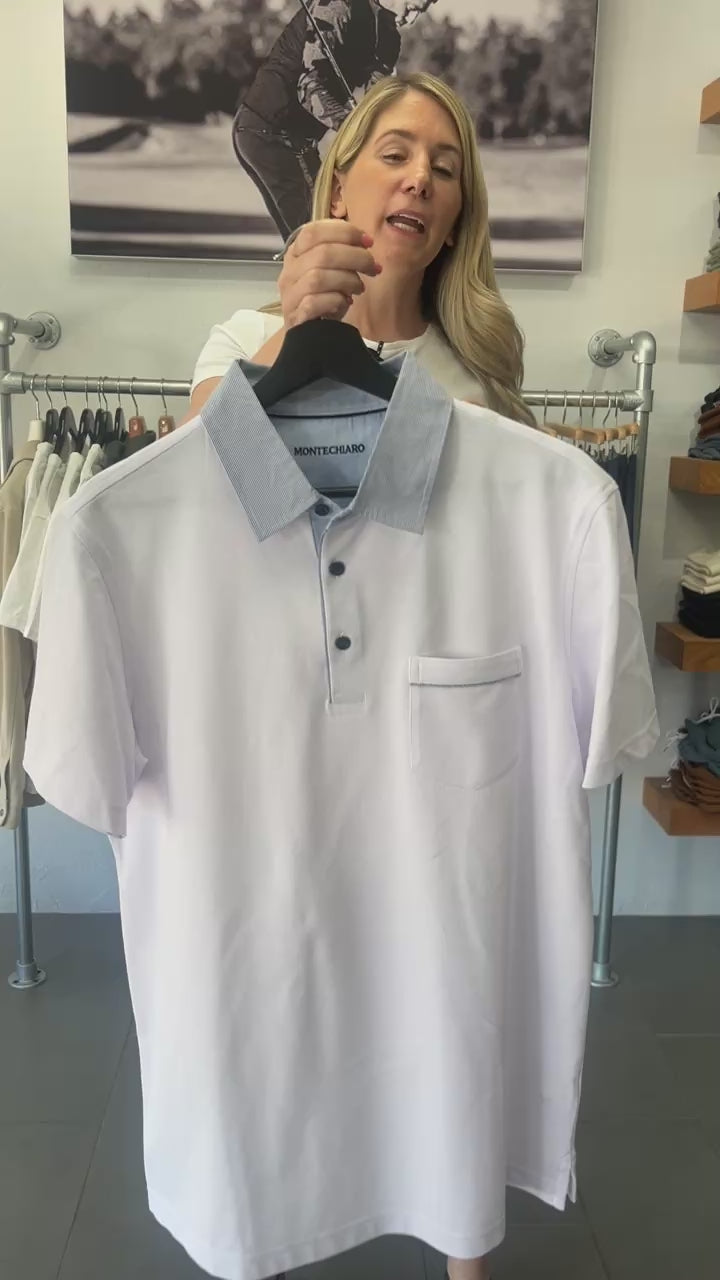 White Blue Stripe Polo Collar