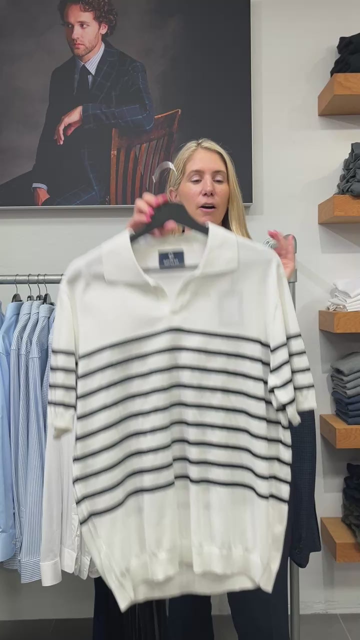 White Navy Stripe Short Sleeve Sweater Impulso