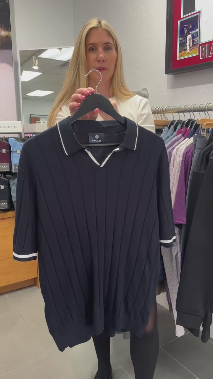 Navy Nautical Rib Short Sleeve Sweater by Impulso