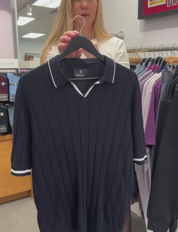 Navy Nautical Rib Short Sleeve Sweater by Impulso