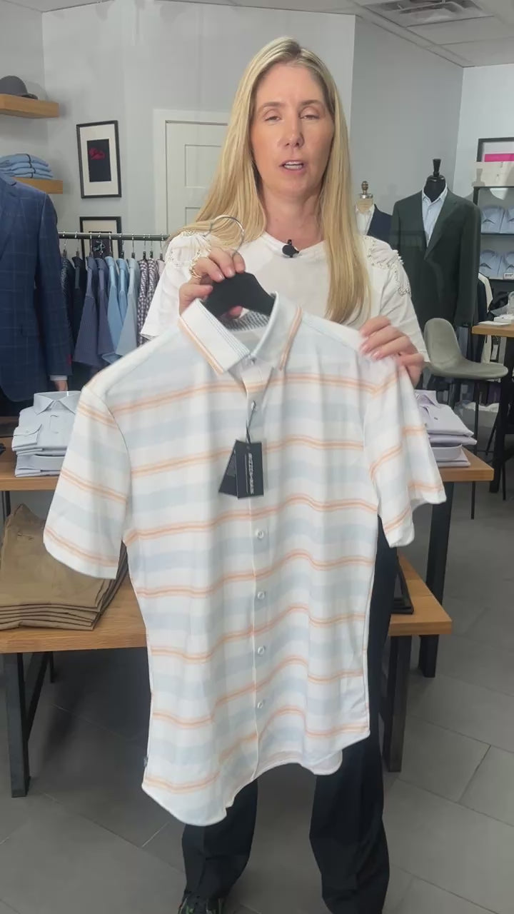 peach multi stripe short sleeve shirt by Mizzen + Main