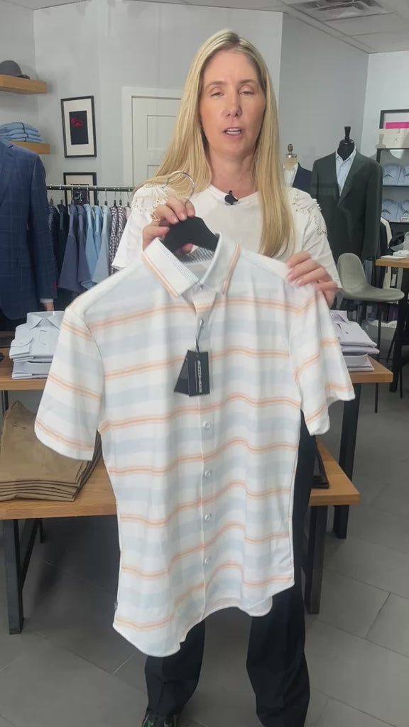 peach multi stripe short sleeve shirt by Mizzen + Main