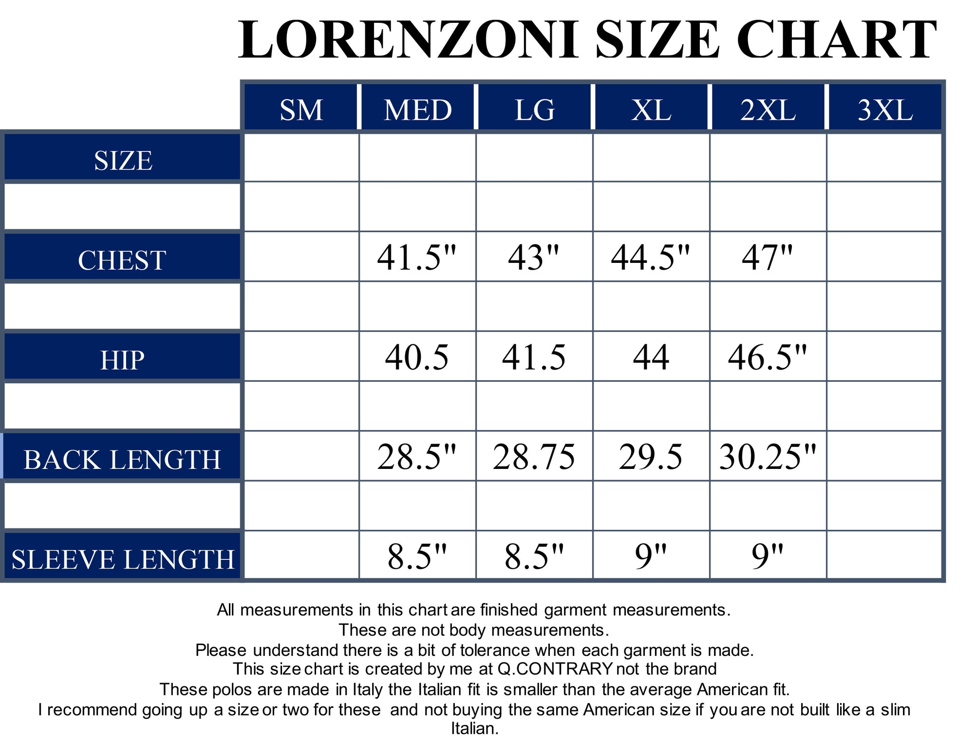 Lorenzoni Size Chart