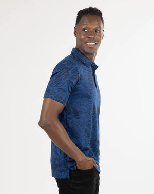 side view of model wearing the bearville polo