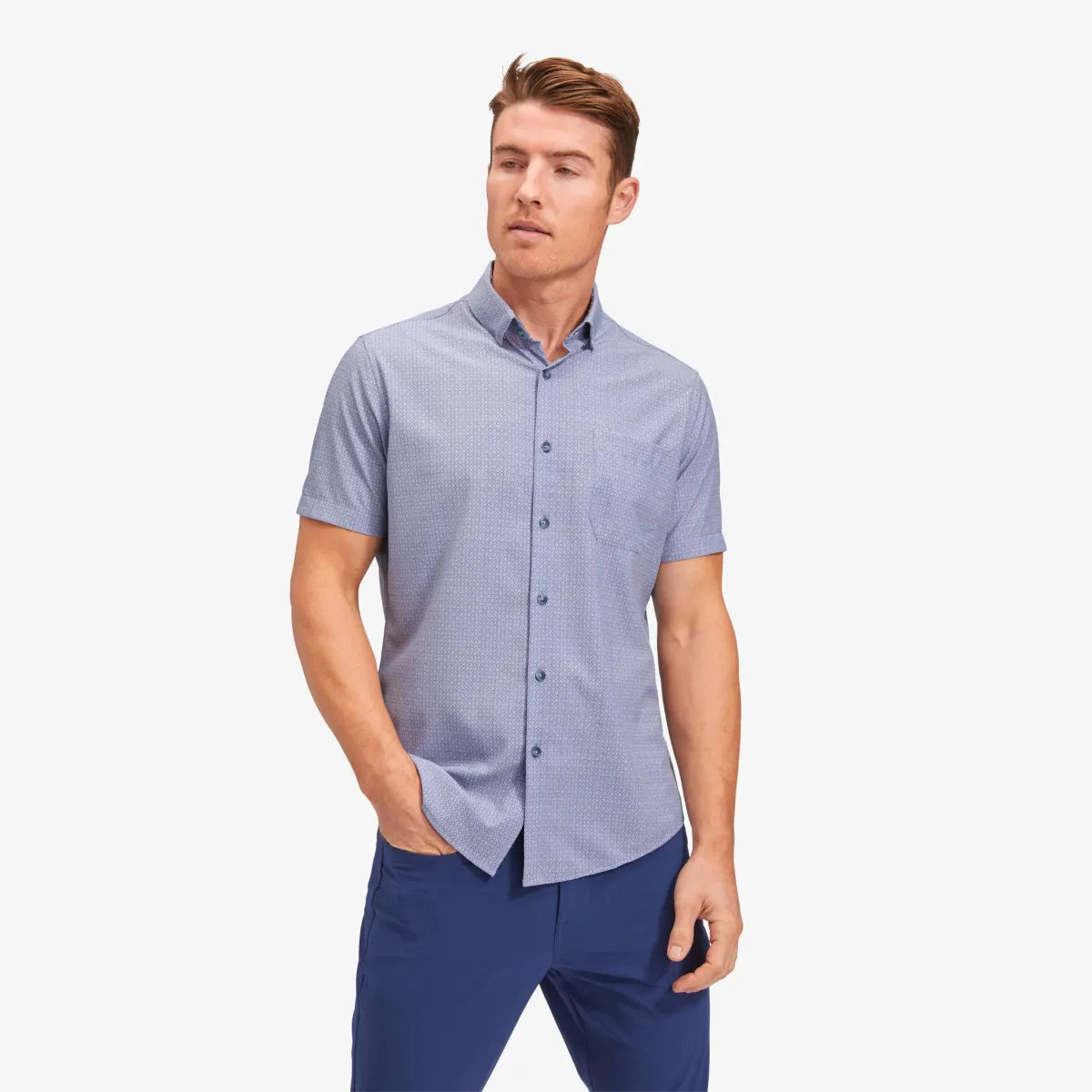 blue circle mini stripe print short sleeve shirt by Mizzen + Main