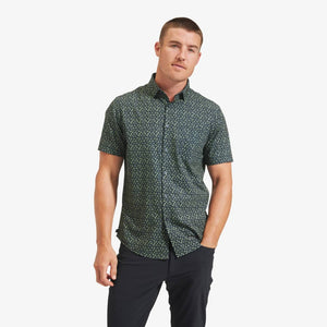 navy green leaf print short sleeve shirt