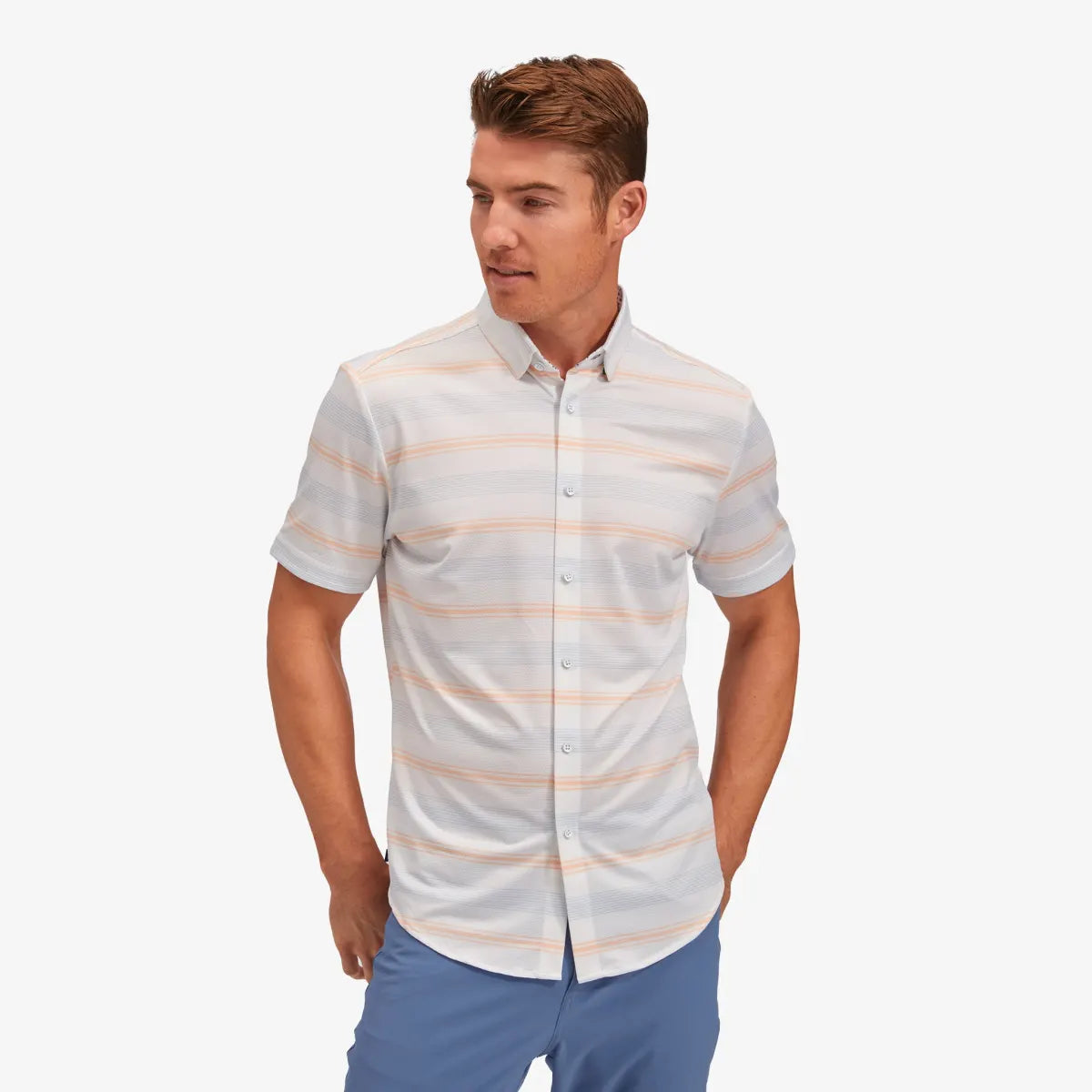 peach multi stripe short sleeve shirt by Mizzen + Main